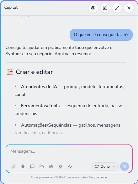 Painel do Copilot da Synthor respondendo o que ele consegue fazer, com o nome do assistente no topo